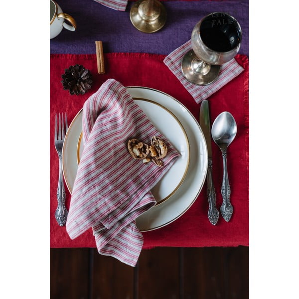 Sottobicchieri di colore rosso-naturale in set di 4 pezzi Red Natural Stripes - Linen Tales-image-1