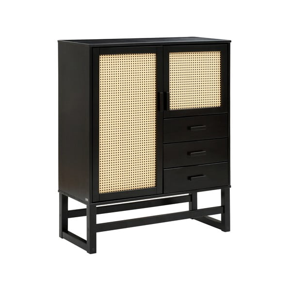Cassettiera in legno di pino nero con ante in rattan , larghezza 90 cm Jolene - Støraa-image-2