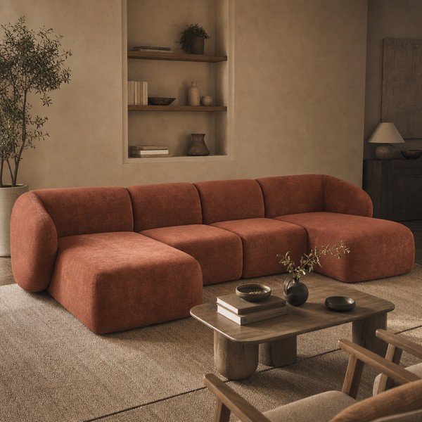 Divano angolare color terracotta (a U) con rivestimento in ciniglia Lani – Makamii-image-4