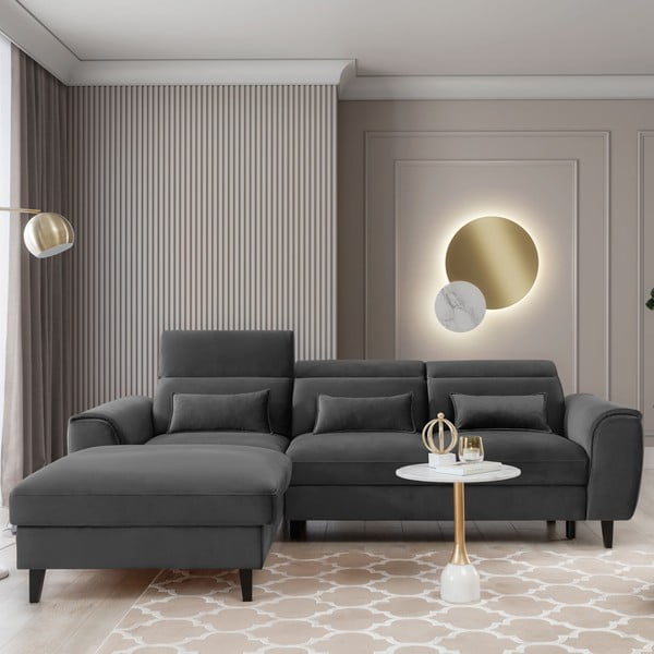 Divano angolare grigio scuro allungabile/con contenitore (con penisola a sinistra/con chaise lounge) e rivestimento in velluto Foble – ELTAP-image-1