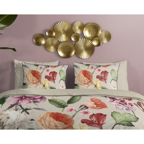 Set copripiumino e federa beige in raso di cotone per letto singolo ed esteso 140x220 cm Fiori – Descanso-image-2