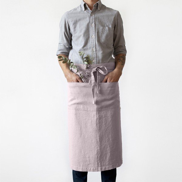 Světle růžová lněná zástěra Linen Tales Garcon, délka 76 cm