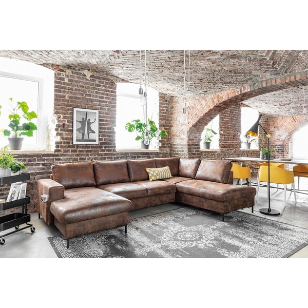 Divano letto a U marrone in similpelle Vintage, angolo destro Lofty Lilly - Miuform-image-3