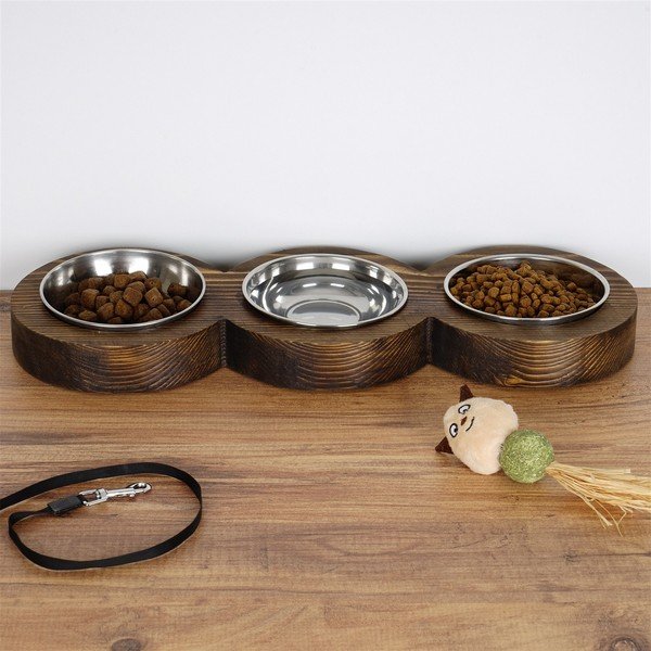 Ciotola tripla per cani con base in legno massiccio di abete rosso - Petpetite-image-1