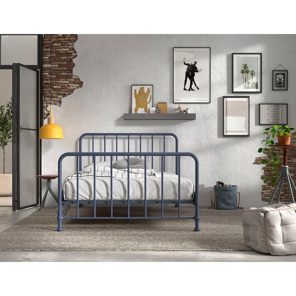 Letto singolo blu in metallo con rete 140x200 cm BRONXX - Vipack-image-3