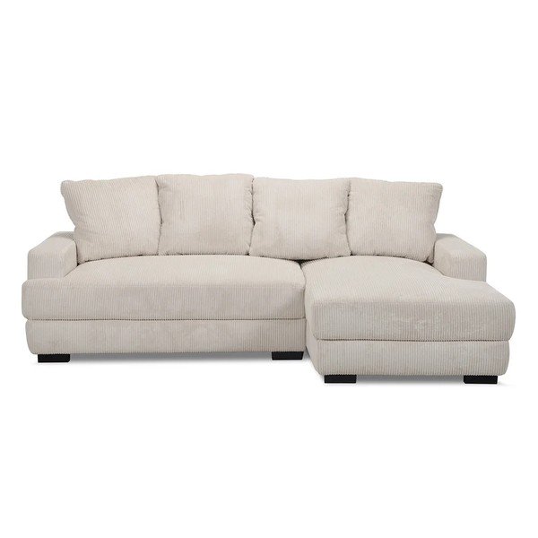 Divano angolare beige allungabile/con contenitore (con penisola a destra/con chaise lounge) con rivestimento in velluto a coste Campi – Bobochic Paris