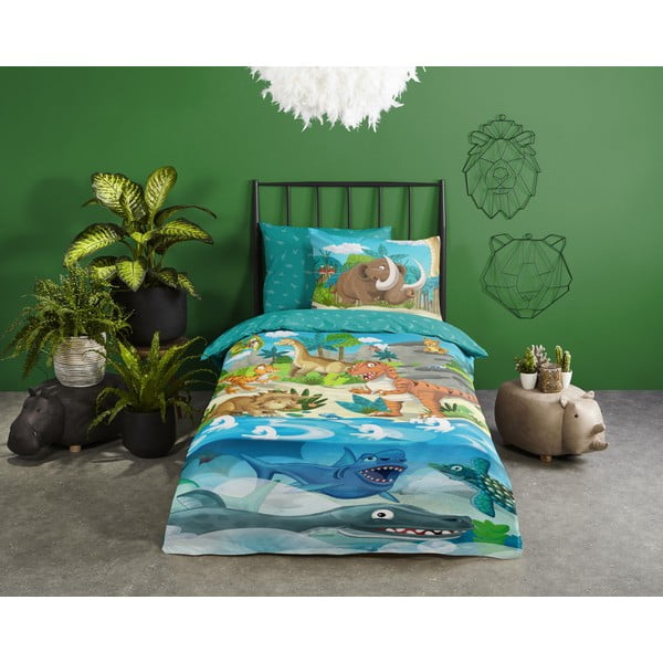 Set copripiumino e federa da bambini blu in cotone per letto singolo ed esteso 140x220 cm Prehistoric – Good Morning-image-1