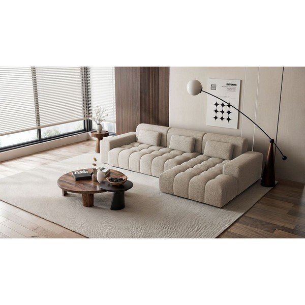 Divano angolare beige (con penisola a destra/con chaise lounge) con rivestimento in ciniglia Chevi – Ghado-image-1