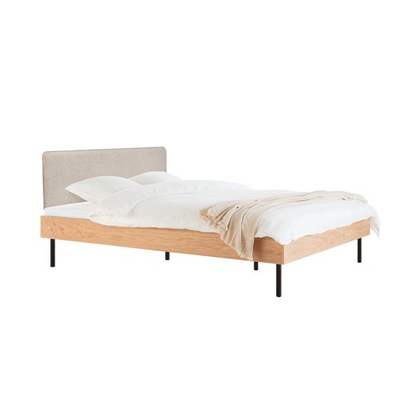 Letto matrimoniale imbottito/in truciolato di colore naturale con effetto rovere con rete inclusa 180x200 cm Streiko – noo.ma