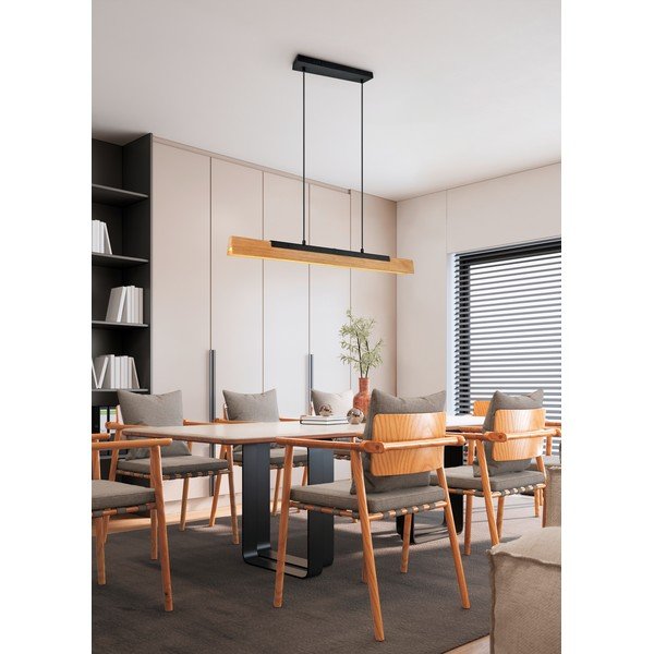 Lampadario LED nero opaco con paralume in legno Kerala – Trio-image-2