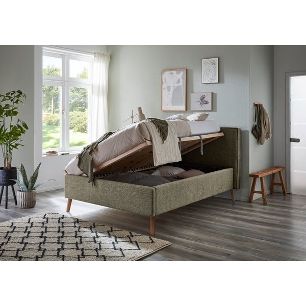 Letto matrimoniale imbottito verde scuro con contenitore con rete inclusa 140x200 cm Riva – Meise Möbel-image-3