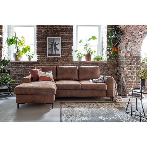 Divano letto vintage in similpelle marrone, angolo sinistro Lofty Lilly - Miuform-image-4