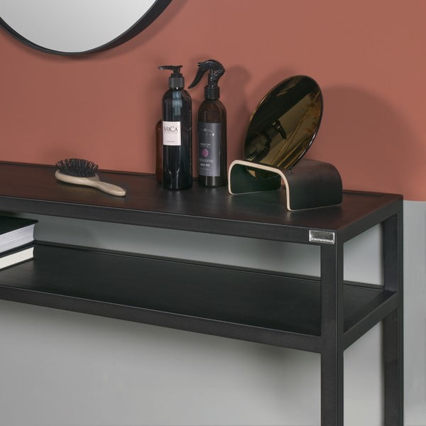 Tavolo consolle nero con piano in rovere massiccio 30x120 cm Daniël – Spinder Design-image-4