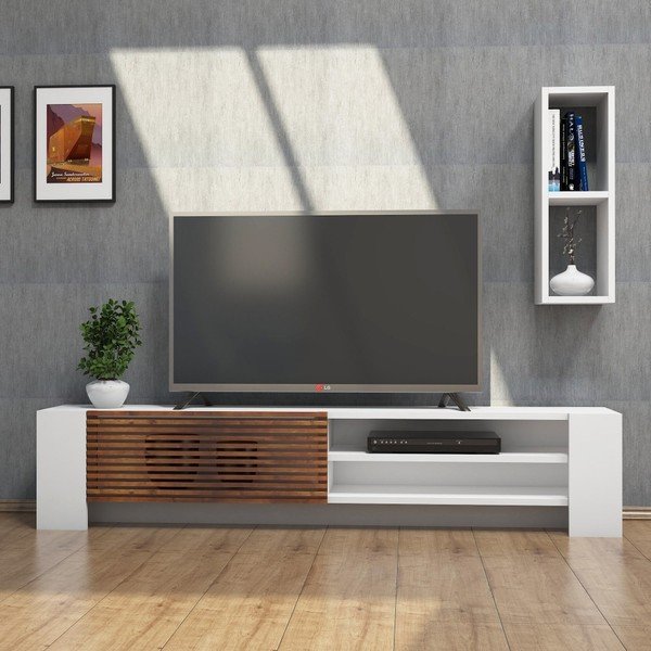 Tavolo TV e mensola a muro bianchi con dettagli in legno di noce Muzzo Pina - Puqa Design-image-3