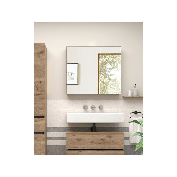 Mobile bagno effetto quercia colore naturale da parete con specchio 80x70 cm Wisla - Støraa-image-3
