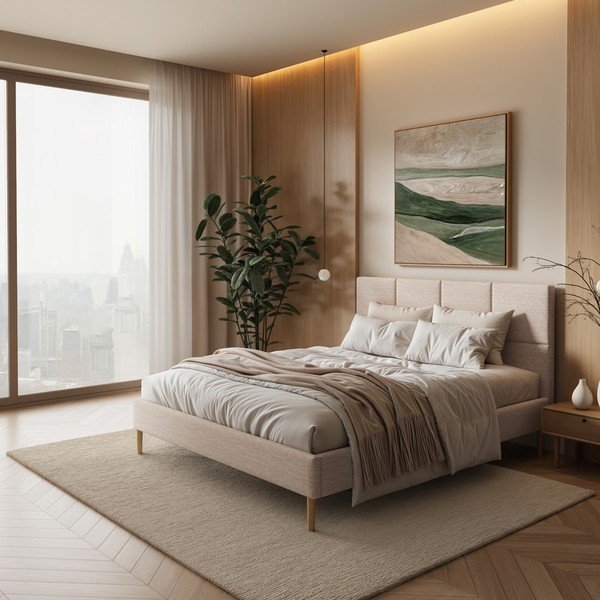 Letto matrimoniale imbottito color crema con rete inclusa 140x200 cm Alano – MESONICA-image-1