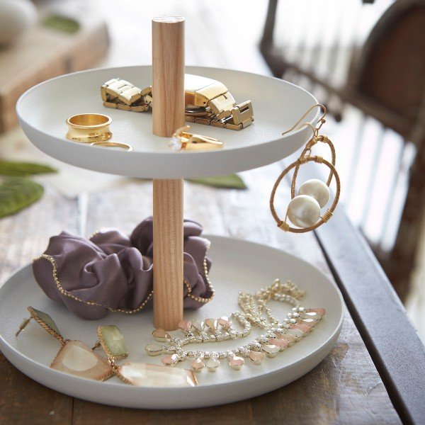 Supporto bianco con 2 vaschette e dettagli in faggio Tosca - YAMAZAKI-image-1