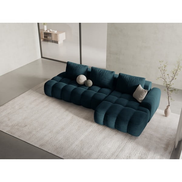 Divano angolare color petrolio allungabile/con contenitore (con penisola a destra/con chaise lounge) con rivestimento in velluto Linz – Cosmopolitan Design-image-1