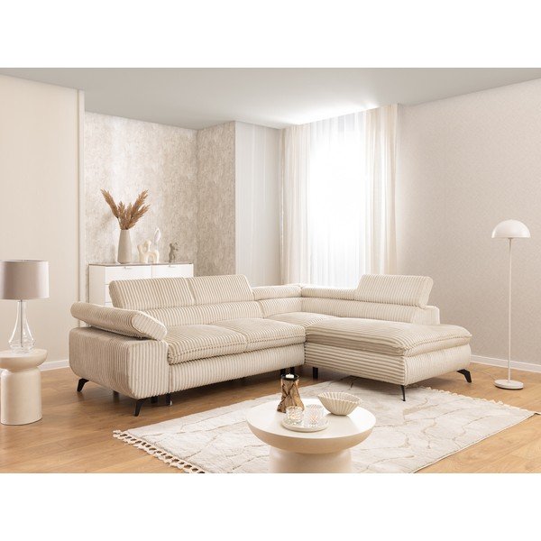 Divano angolare beige (con penisola a destra/a L) con rivestimento in velluto a coste Marbeya  – Ropez-image-1