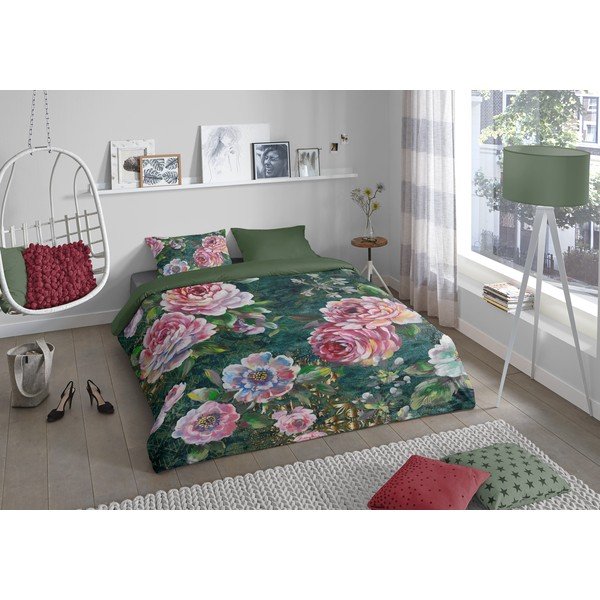 Set copripiumino e federa verde in cotone per letto singolo ed esteso 140x220 cm Fleur – Good Morning-image-1