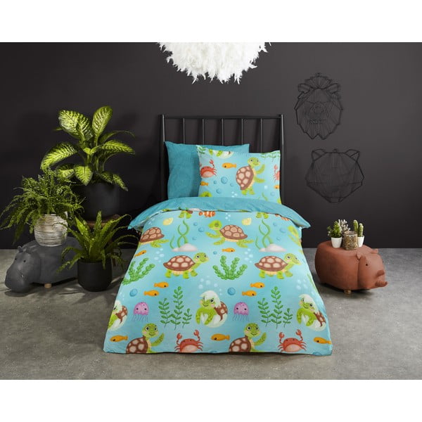 Set copripiumino e federa da bambini blu in cotone per letto singolo ed esteso 140x220 cm Turtles – Good Morning-image-1