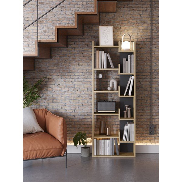 Libreria in rovere decorato in nero e naturale 60,5x162 cm Klapo - Marckeric-image-1