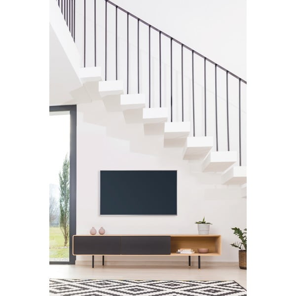 Tavolo TV in legno di quercia di colore nero-naturale 200x48 cm Fina - Gazzda-image-1