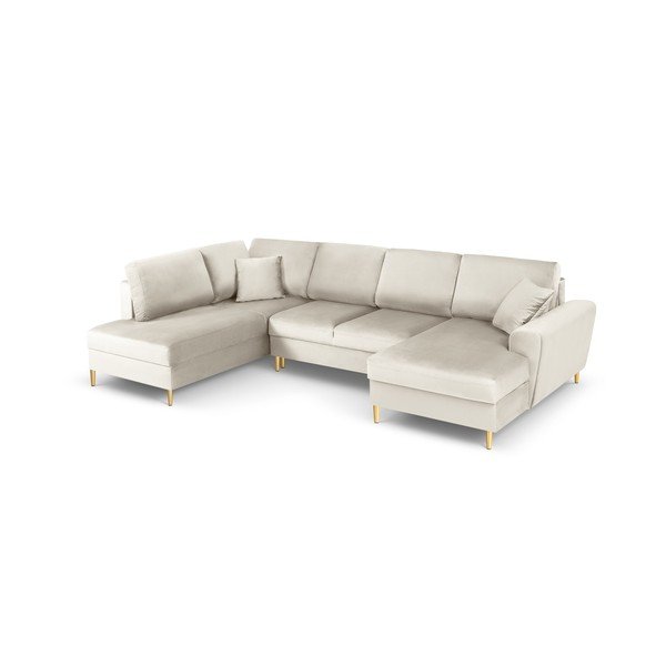 Divano angolare beige allungabile e con contenitore (con penisola a sinistra/a U) con rivestimento in velluto Kyoto – Cosmopolitan Design-image-1