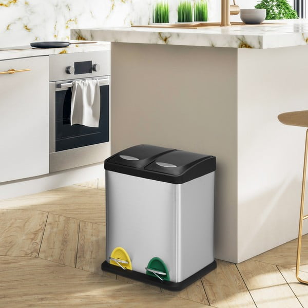 Cestino per la spazzatura 2x8 l color argento opaco in acciaio per raccolta differenziata/con pedale   Tri Selectif – MSV-image-1