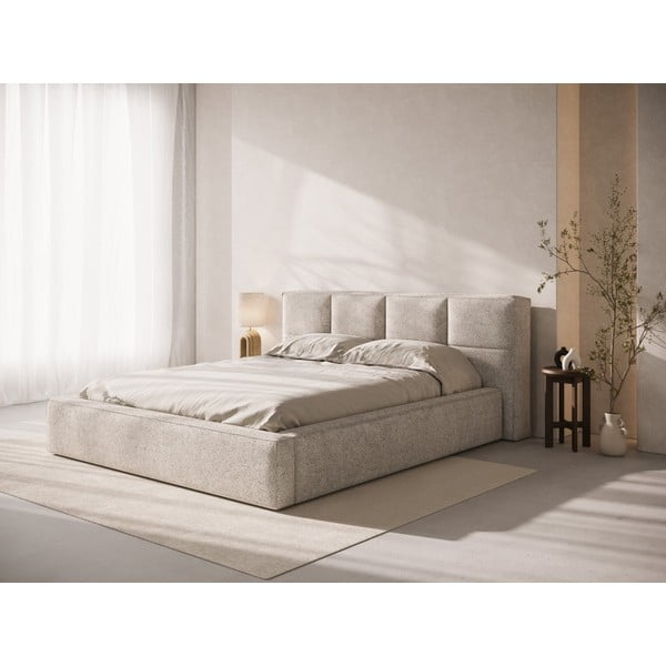 Letto matrimoniale imbottito beige con contenitore e rete inclusi 200x200 cm Simon – Micadoni -image-1