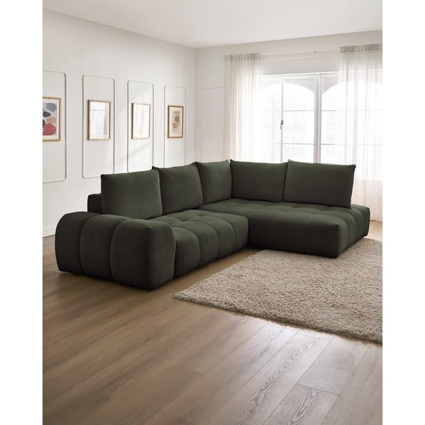 Divano angolare verde allungabile e con contenitore (penisola a destra/a L) con rivestimento in ciniglia Everest – Bobochic Paris-image-1