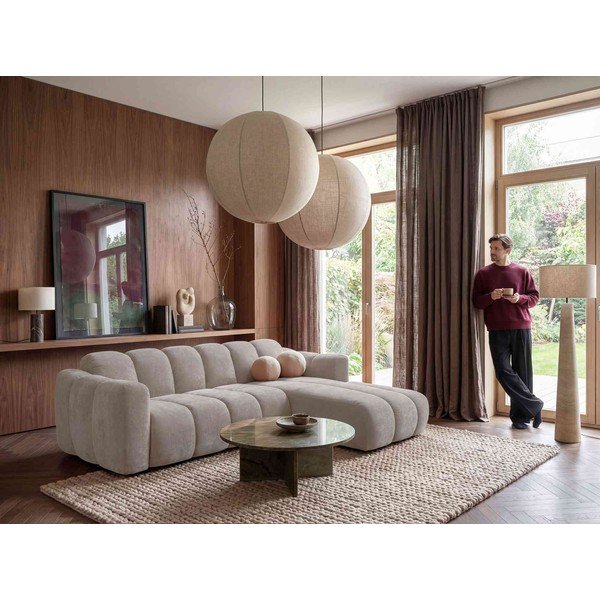 Divano angolare beige allungabile (con penisola a destra) con rivestimento in ciniglia Michell – Miuform-image-4