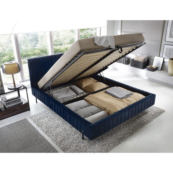 Letto matrimoniale imbottito blu scuro con contenitore e rete inclusi 140x200 cm Plissa – ELTAP-image-2