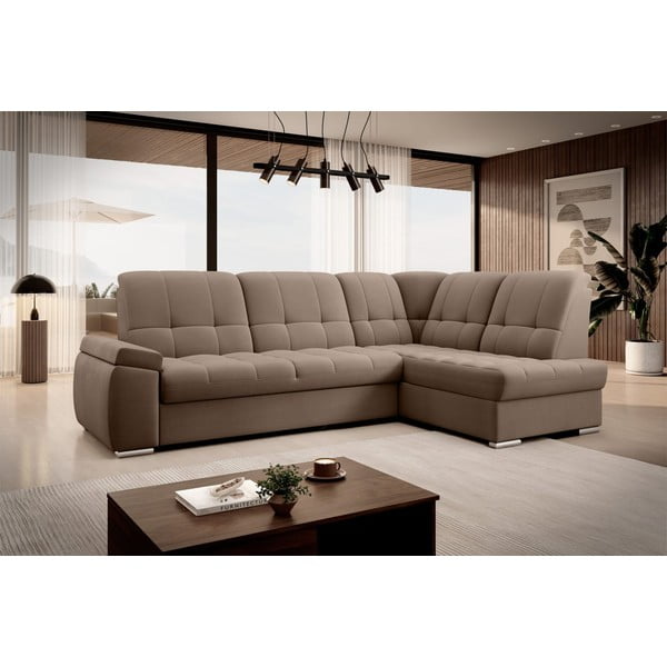 Divano angolare marrone allungabile/con contenitore (con penisola a destra/a L) e rivestimento in velluto Sado – ELTAP-image-4