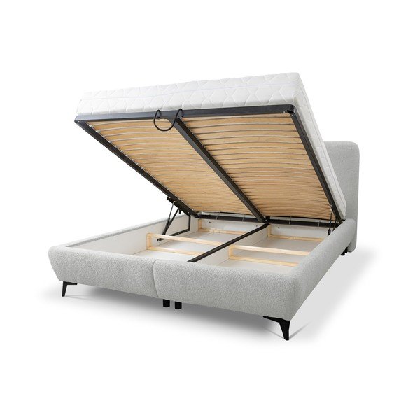 Letto matrimoniale imbottito grigio chiaro con contenitore con rete inclusa 140x200 cm Makapu – Makamii-image-1