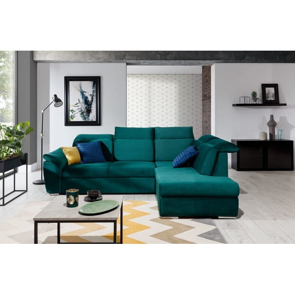 Divano angolare verde allungabile/con contenitore (con penisola a destra/a L) e rivestimento in velluto Loreto – ELTAP-image-1