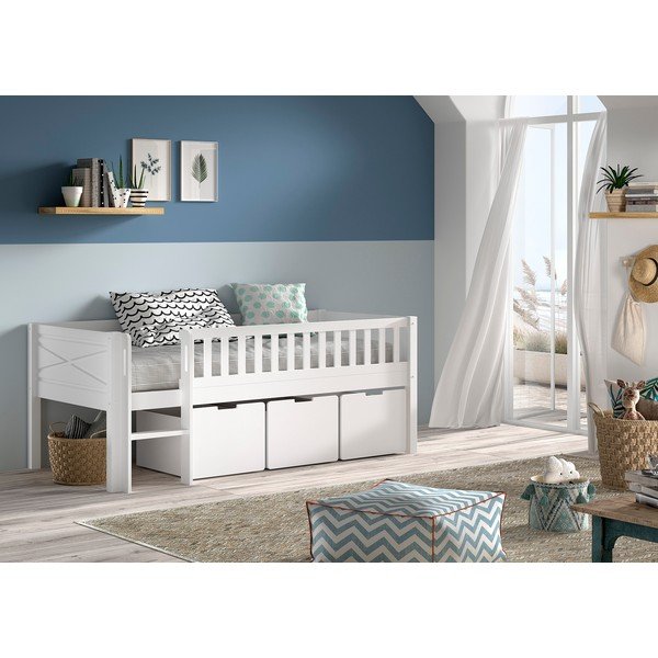 Letto da bambini rialzato bianco in pino massiccio con contenitore con rete inclusa 90x200 cm Scott – Vipack-image-1