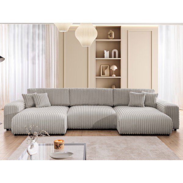 Divano angolare grigio chiaro allungabile/con contenitore (a U) rivestito in velluto a coste Sarina – Ropez-image-1