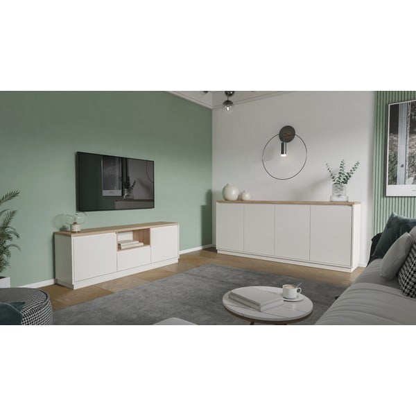 Mobile TV beige con effetto rovere 161x55x40 cm Loreta – Marckeric-image-2