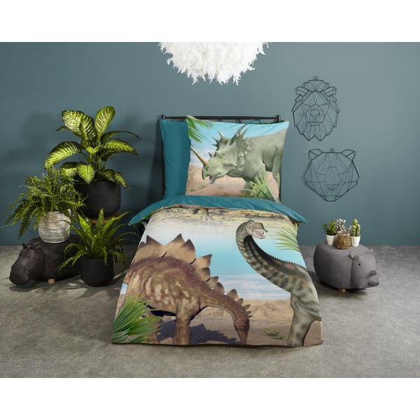 Set copripiumino e federa da bambini verde/blu in cotone per letto singolo 140x200 cm Dino – Good Morning-image-1