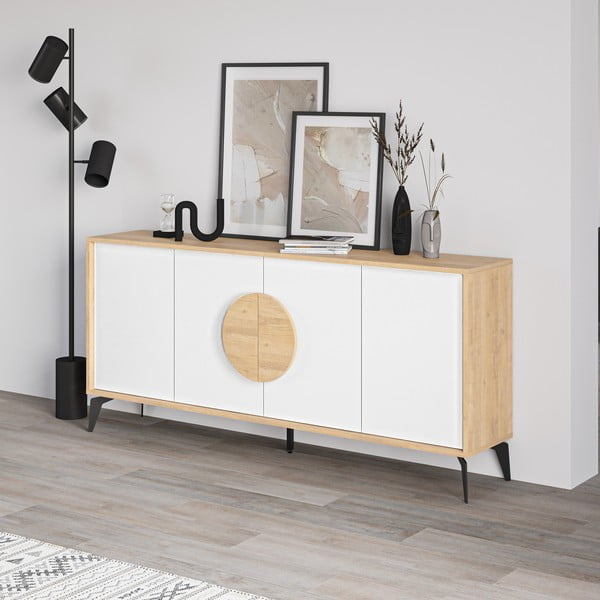 Cassettiera bassa in rovere decorata in bianco e naturale 180x82 cm Vae - Marckeric-image-4