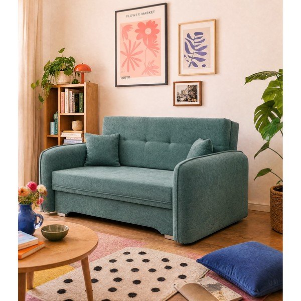 Divano verde allungabile/con contenitore e rivestimento in ciniglia 155 cm Laine – ELTAP-image-1