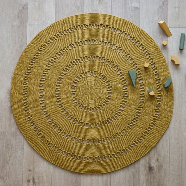 Tappeto giallo senape in misto lana e cotone, fatto a mano, ø 140 cm Bibek - Nattiot-image-3