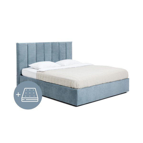Letto matrimoniale imbottito blu con contenitore con materasso incluso/con rete inclusa 160x200 cm Thessa Bold Line – Bonami Selection