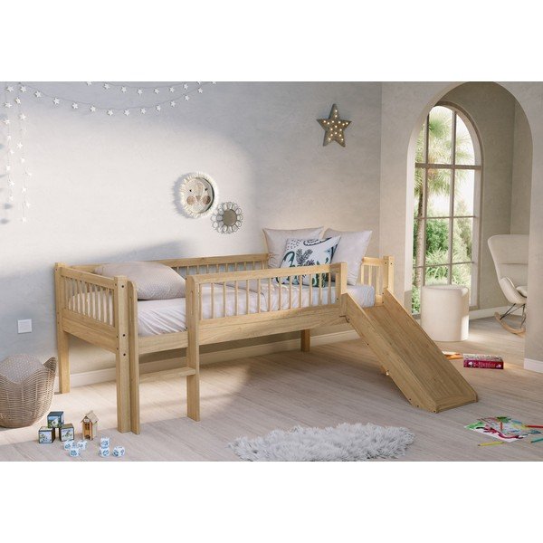 Letto da bambini rialzato di colore naturale in faggio massiccio con scivolo con rete inclusa 90x200 cm Forrest – Vipack-image-1