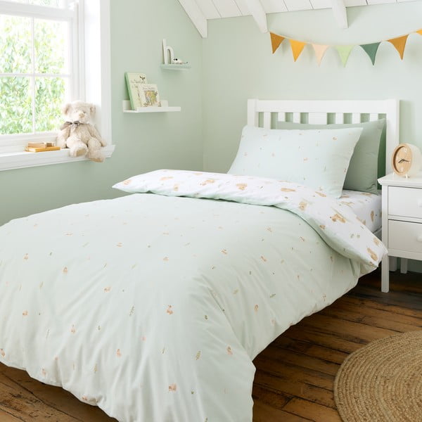 Set copripiumino e federa da bambini bianco e verde in cotone per letto singolo 135x200 cm Mini Moo Cow – Bianca-image-2