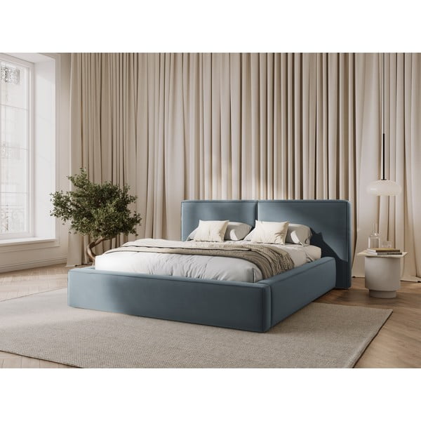 Letto matrimoniale imbottito azzurro in velluto con contenitore con rete inclusa 180x200 cm Arendal – Cosmopolitan Design-image-1