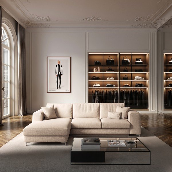 Divano angolare beige allungabile e con contenitore (con penisola a sinistra e chaise lounge) rivestito in bouclé Rene – Rodier-image-1