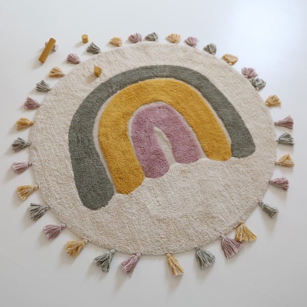 Tappeto per bambini color crema in cotone lavabile e tessuto a mano ø110 cm Rainbow Moss – Nattiot-image-2