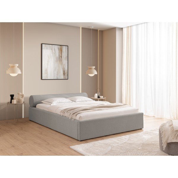 Letto matrimoniale imbottito grigio chiaro con contenitore con rete inclusa 160x200 cm Cille – Ropez-image-1